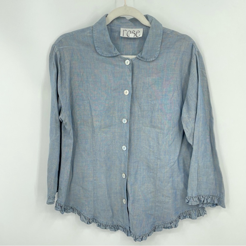 Rose 100% linen blue button front collar shirt ruffle hem Sz S